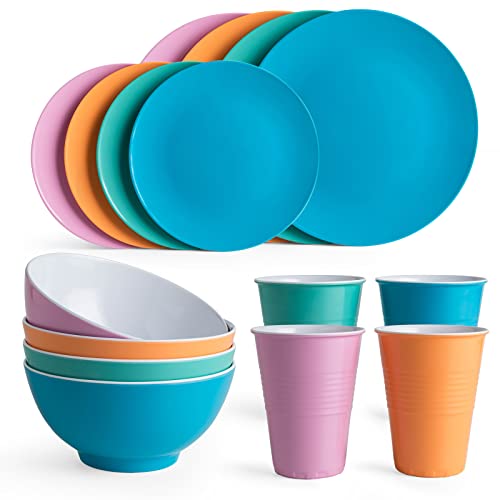 Lehaha Multicolor Melamine Dinnerware Sets, 2 Tone Color Dishes Set Service For 4, 16-Piece Plates And Bowls And Tumblers Set, Durable And Lightweight Melamine Plates Set #TOP6