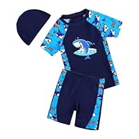 Boy Swimming Costume Two Piece Swimwear with Swimming Cap Toddler Boys Shark Short Sleeve Swimsuits Swim Costume for Boys 4-5 Years,Blue Shark