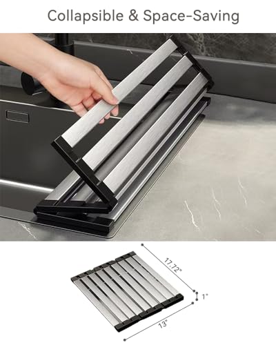 Hemompito 17.72" Dish Drying Rack Over the Sink, 1.28lb Heavy-Duty 304 Stainless Steel, Non-Slip Silicone Edges, Folding Space-Saving for Home & RV Kitchen, Dish Drainer, Cooling Rack & Sink Cover - image 4
