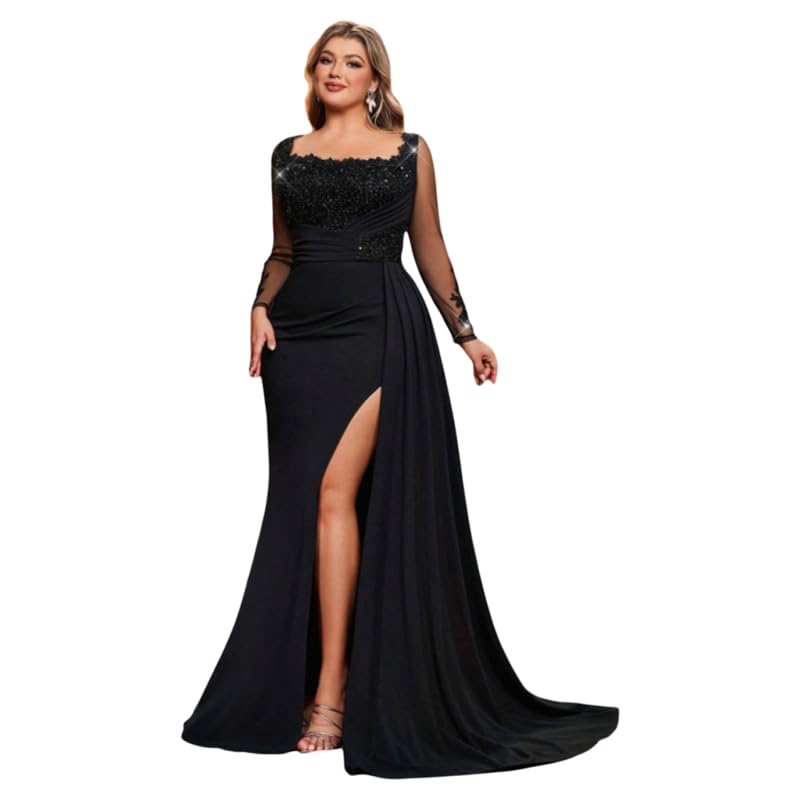 Glamrae Plus Size High Slit Dress with Ruffs and Golden Thread Embroidery