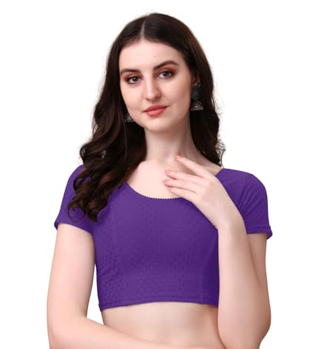 Image of Women's Stretch Cotton Saree Blouse | Readymade Blouse for Saree | Round Neck | Short Sleeves | Soft, Breathable & Comfortable