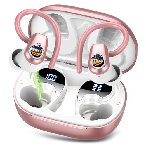 Wireless Earbuds, Bluetooth 5.4 Headphones in Ear buds with 4 ENC Noise Canceling Mic, 50H Stereo Wireless Earphones with Earhooks, Dual LED Display, IP7 Waterproof Sport Headphones for Running, Rose