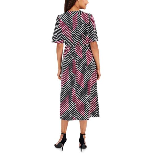 Image of Anne Klein Women's Flutter Sleeve Printed Satin Faux Wrap Dress
