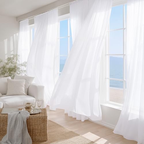 Image of NICETOWN White Sheer 96 inches Long Curtains for Living Room, Rod Pocket Lightweight Drapes Voile Sheer Air & Breathable Window Treatments for Bedroom, W42 x L96, 2 Panels