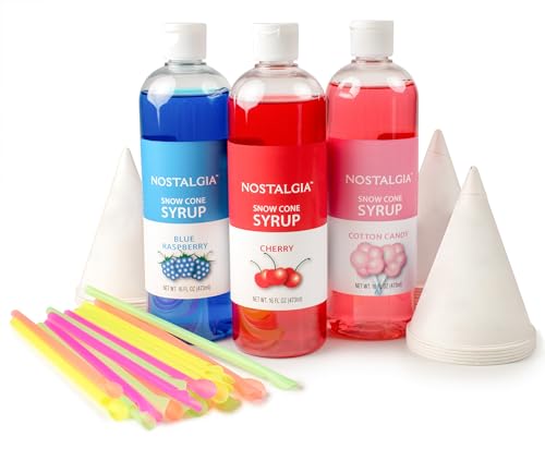 Image of Nostalgia Premium Snow Cone Syrup Party Kit, 20 Snow Cones, 20 Spoons /Straws, Blue Raspberry, Cherry, Cotton Candy