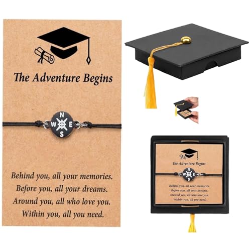 Graduation Compass Bracelet for Class of 2026 Men Woman the Adventure Begins Inspirational Gifts Charm Jewelry with Graduation Cards Cap Box Grad Motivational Bracelets Present for Her Friend (Black)