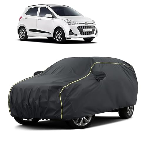 Image of Sulfar 100% Water Resistant Car Body Cover Compatible with Mirror for Hyundai i10 (Triple Stitched, Full Bottom Elastic, Dark Grey Taffeta with Yellow Piping)