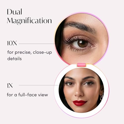 Image of Fancii Taylor LED Lighted Travel Makeup Mirror, Rechargeable, 10x /1x Magnifying, Tru-Glow Lighting System, XL Large 5 inch Wide | Compact Mirror for Purses (Berry Lemonade)