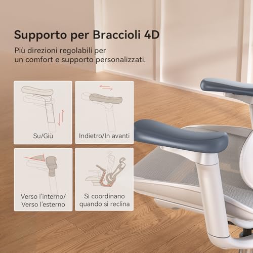 Doro C300 Sedia ergonomica ufficio - Braccioli 3D regolabili, Schienale regolabile, Supporto lombare auto-adattivo, Inclinazione regolabile (Grigio) - Sedia gaming - Immagine 4