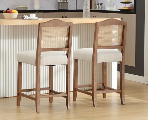EALSON Counter Height Bar Stools Set of 2 Farmhouse Barstools with Rattan Back Comfortable Upholstered Bar Chairs Mid Century Wood Breakfast Counter Stools for Kitchen Island, Linen Beige - Thumbnail 6