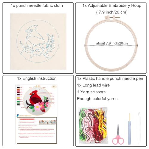 Image of Louise Maelys Beginners Punch Needle Kits,for Starter Adults,Rug Cross Stitch Kit Tool Including Handle Embroidery Pen,Cloth,Hoop,Threads and Instruction-Cardinal Bird Pattern