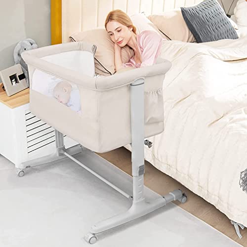 Image of Baybee 3 in-1 Baby Bedside Crib Cradle for Baby with Adjustable Height & Wheels, Baby Cot with Rocking, Mosquito Net & Mattress | Baby Crib for New Born Babies 0 to 18 Months Boy Girl (Beige) Metal