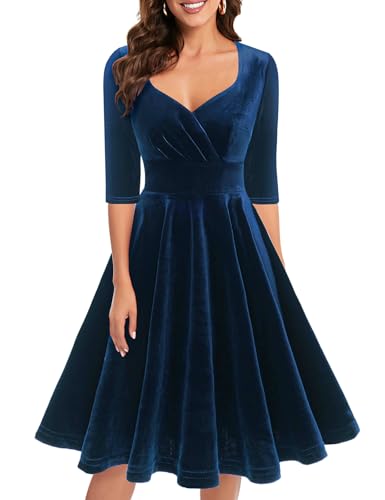 Bbonlinedress Winterkleid Damen Festliche Kleider 3/4 arm V-Ausschnitt samt Kleider Midilang Abendkleid lang Elegante Weihnachtskleider Navy L