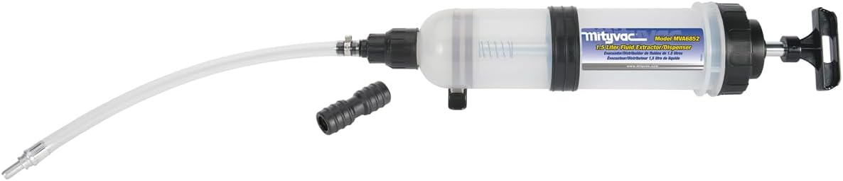 MVA6852 1.5 Liter Fluid Evacuator Extractor and Dispensing Syringe, Twist-valve, Dual-seal Piston, MVA7218 Rubber ATF Adapter, For Master Cylinders, Transaxles, Power Steering and Coolant