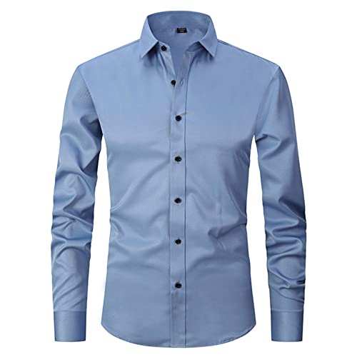 Image of HAOLEI Men's Dress Shirts UK Clearance Long Sleeve Smart Casual Plain Button Shirt Non Iron Solid Turn Down Collar Business Shirts Regular Fit Stretch Wedding Work Office Oxford Formal Shirt Blue