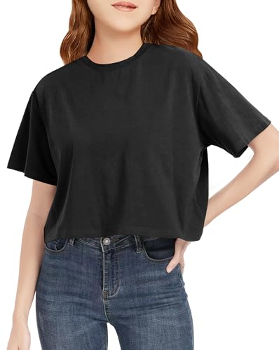 Girls Summer Crop Tops Kids Fashion Oversized Crew Neck Cropped Short Sleeve T Shirts Basic Tees Size 5-14 Years