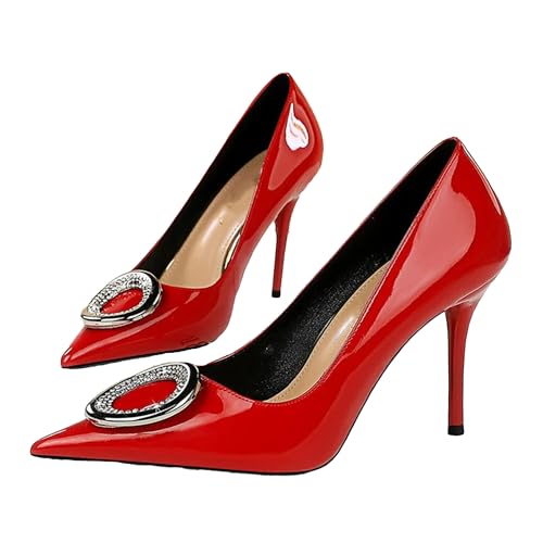Women's Shiny Patent Leather High Heels Pumps with Metal Decor
