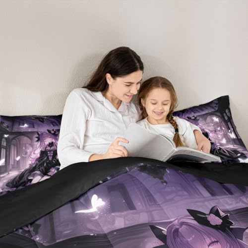 Image of Erosebridal 3D Girly Kids Comforter Set | Japanese Girl Bedding Queen Size Anime Gifts Down Comforter Purple Dreamy Butterfly Print Duvet Set for Bedroom