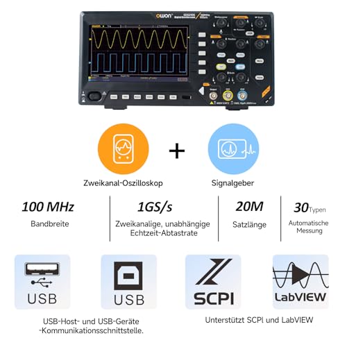 Image of OWON Digital Oscilloscope with Dual-Channel Channels and Screen 7 inch, TFT-LCD Display, Portable Oscilloscope with 1GS /s Sampling Rate, Bandwidth 100MHz,8K Waveform Length,SDS210S