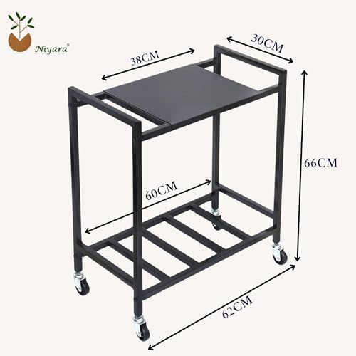 Image of Niyara Heavy-Duty Metal Inverter Trolley Stand with Wheels - Black, Portable & Sturdy | Dual-Shelf Battery Backup Stand for Garage or Workshop