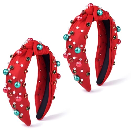 met-edianger 2Pcs Christmas Headband Red Pearl Rhinestone Beaded Hairband Xmas Wide Knot Hair Hoop Holiday Festival Gift for Women