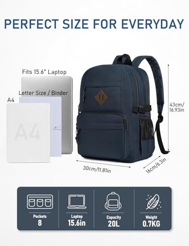 Image of Kasqo School Backpack, 20L Dual Compartment Bookbag for Boys Teens, Navy | 20L, Machine Washable, Water-Resistant, Fit 15.6 Inch Laptop, Dual Main Compartment, 8 Pockets, Side Compression Buckles