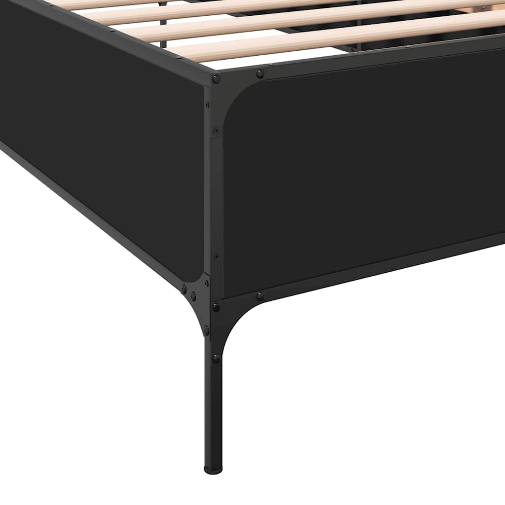 Drewnopochodny z metalowymi nogami stabilna rama 90x200 cm czarny | Rama łóżka 90x200 czarna z drewnopochodnego materiału i metalu, stabilna stelaż pod materac z listwami ze sklejki, wzmocnione