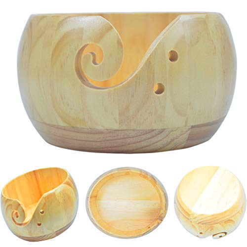 Image of Joyeee Wooden Knitting Bowls, Handmade Round Woven Yarn Holder with Drill Holes, Smooth Surface, Light and Easy to Carry