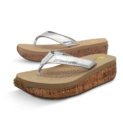 Image of Volatile Neville Wedge Sandals for Women Featuring Soft Webbed Textile Thong Post, Padded Lining, and Slip-On Wedge Style