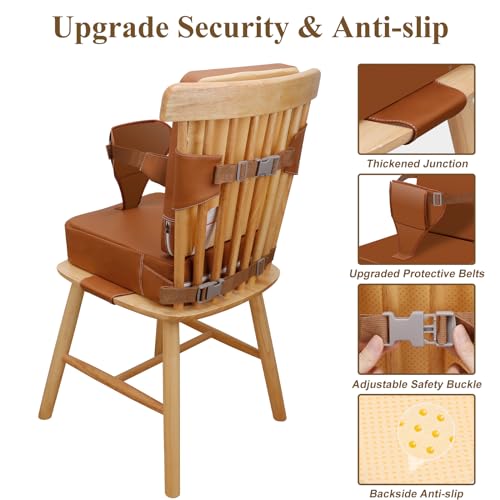 Image of Toddler Booster Seat for Dining Table, Non-Slip Kitchen Chair Booster Seat with Backrest and Adjustable Straps, Portable PU Waterproof Travel Baby Booster Increasing Cushion