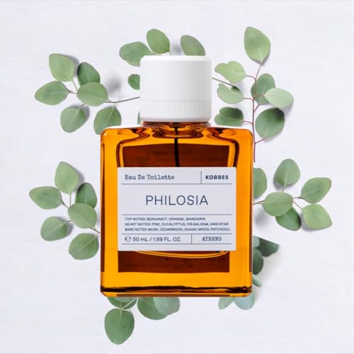 Image of KORRES Philosia Eau de Toilette Spray, Bergamot Orange Mandarin Top, Pine Eucalyptus Fir Balsam Heart, Musk Cedarwood Guaiac Wood Patchouli Base, Woody Aromatic Fruity Scent, Unisex, Vegan, 1.69 Fl Oz