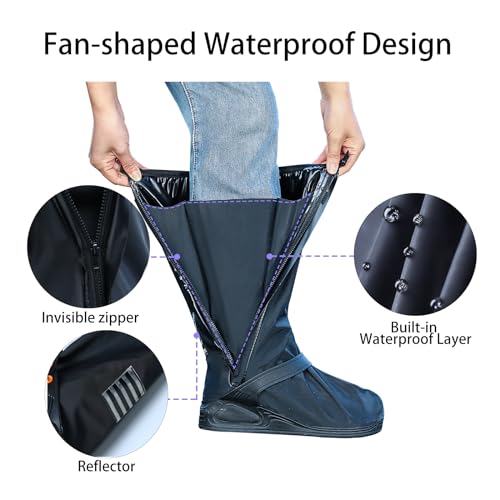 Jikamul Tachitali Waterproof Rain Shoe Cover with Reflector for Women & Men Reusable & Foldable Rain Boot Shoe Cover with Zipper, Non-Slip (Black#Thicked, L)