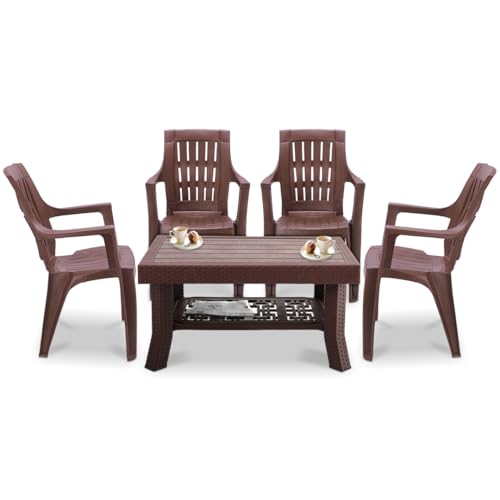 Image of MAHARAJA Classic Plastic Table & Chair Set | Elegant Design, Sturdy Build | Perfect for Home, Office & Garden Use (Brown, 4 Chair+1 Table)