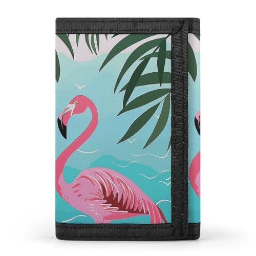 Palm Leaf And Flamingos Couple Print Trifold Wallet with ID Window & Key Ring | Slim Front Pocket Wallet with 8 Card Holder