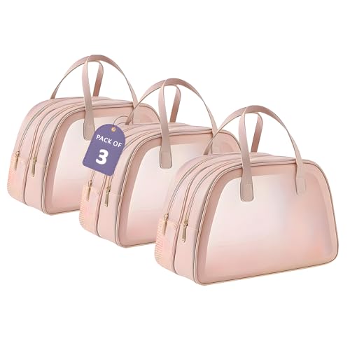 Image of Kuber Industries Pack of 3 Waterproof Skincare /Cosmetic Bag for Women | Space-Saving Makeup & Travel Toiletry Pouch | Aesthetic Vanity Kit & Wash Bag for Girls | YJ-20-PNK | Transparent - Pink