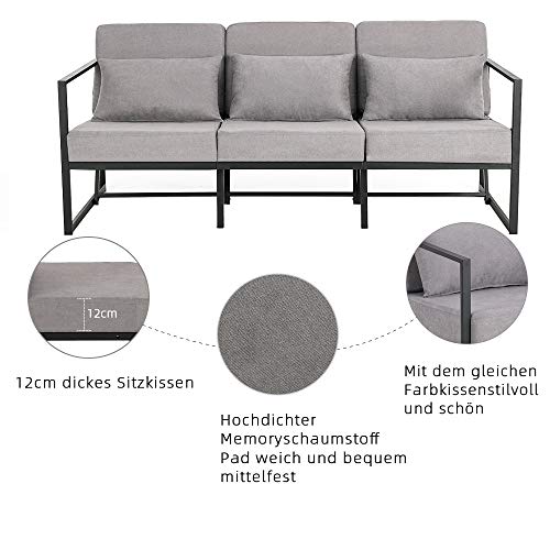 Mingone Sofa 3 Sitzer Sofa Couch Metall Sofa Sessel Modern Gepolsterter mit Leinen Soff Wohnzimmer,Taupe 170cm – Bild 6