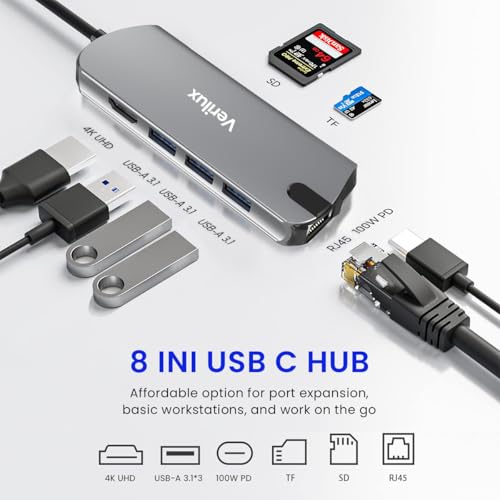 Image of Verilux USB C Hub with Ethernet RJ45 Port, 8 in 1 USB C Hub PD 60W Fast Charging USB 3.0 Hub with 4K HDMI Converter Supports SD /TF Card Reading Travel Multifunctional USB C Hub for Laptop, PC