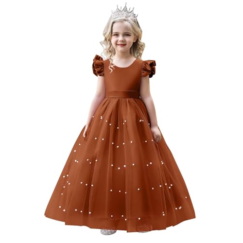 Girl Formal V-Back Satin Flower Girl Dress Girls Dresses for Wedding Flying Sleeve Pearls Tulle Girls Prom Ball Gown Princess Dresses Burnt Orange