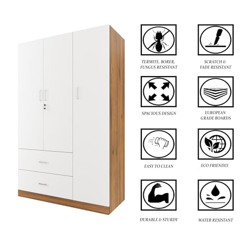 Image of VIKI Wardrobe | Wooden Almirah for Clothes,Door for Bedroom, 3 Door Wardrobe with Drawer & Hanging Space (Walnut & White - 40D x 120W x 180H) | 1 Year Warranty | Free Assembly