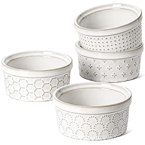 LE TAUCI Ramekins Ramiken do Creme Brulee, tort lawowy, budyń, suflet, mała miska na sos, ceramiczne naczynia do pieczenia - 9,7 cm, zestaw 4 szt., arktyczna biel