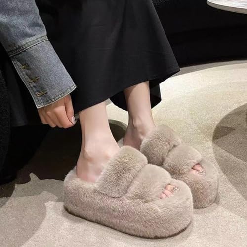 Women's Korean Style Winter Fuzzy Slippers - Thick Sole with Double Straps, White/Black/Khaki, Cozy Indoor/Outdoor Slippers3