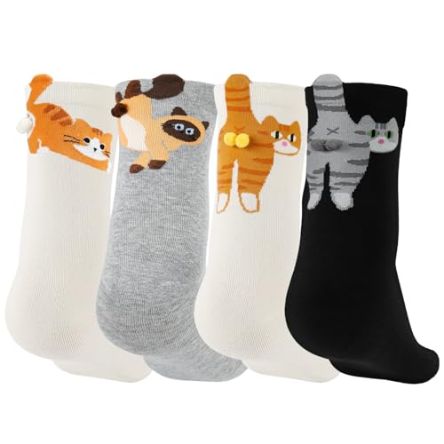 SUOWEEI 4 Pairs Cute Cat Socks with Balls, Women's Cat Socks, 3D Novelty Cotton Funny Animal Crew Sock for Women Cats Lovers Gifts