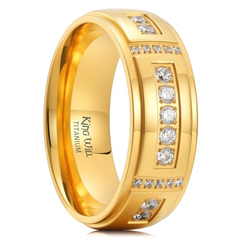 King Will Men's Titanium Wedding Band - 8mm Polished Band with Step Edges and Cross Design Featuring White Zirconia Insets Comfort Fit Size 7-14