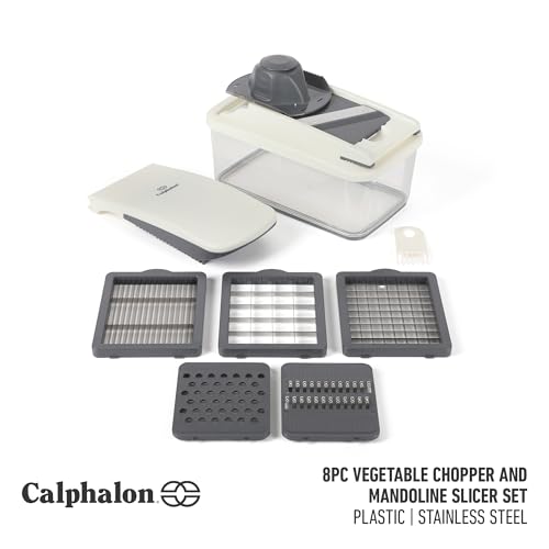 Image of Calphalon Vegetable Chopper With Container, 3 Blades with1 Chopper and1 Mandoline, 5-in-1 Food Chopper with Stainless Steel Blades & Mandoline Slicer, Multi-Functional Dicer with Storage Container