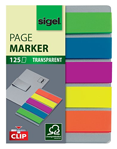 SIGEL HN610 Marcapáginas, cinta de filme transparente y adhesivos, funda-clip 50x12 mm, 125 hojas, 5 colores