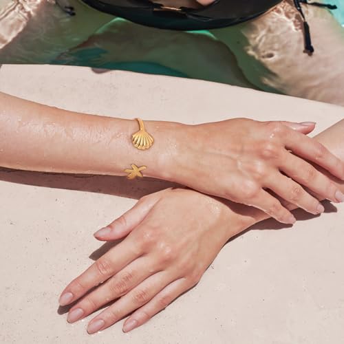 Summer Gold Cuff Bracelets For Women Gold Plated Cuff With Shell And Starfish Charm On Both Ends2