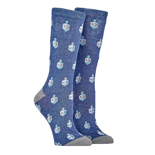 Image of Rite Lite Hanukkah Socks | Adult Crew Sock Size 8-12 Chanukah Blue & White Cozy Cotton /Polyester /Spandex Socks Jewish Holiday Party Favors Accessories Decorations Gifts Festival of Lights (Dreidels)