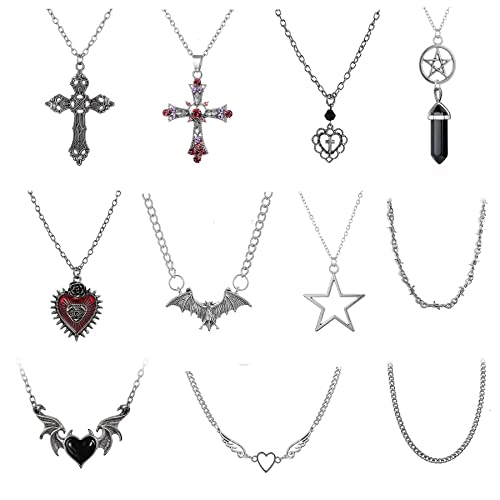 DALLZOMA 11 Piezas Collar gótico Grunge Set Goth Punk Rock Silver Necklace Love Heart Cross Thorns Ojo Maligno Alas de Ángel Collar Vintage Colgante Collar Plata