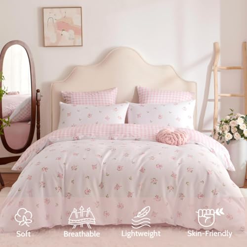 Image of Duvet Cover Twin Pink White Floral Plaid Reversible Bedding Set