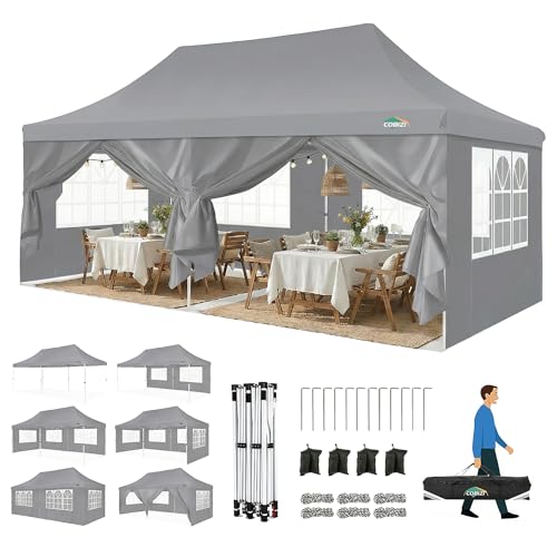 COBIZI Faltpavillon 3X6, Pavillon 3x6m Wasserdicht Stabil Winterfest, Faltbar Partyzelt mit 6 Seitenwänden & 4 Sandsack Pop up Gartenpavillon Anti-UV für Hochzeiten, Freien, Grau